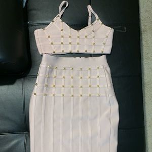 Gold studded pink bandage two piece dress